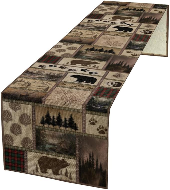 Retro Rusticd Cabin Table Runner Bear Country Farmhouse Vintage Lodge Table Runner for Party Dinner Festival Bedroom Living Room Kitchen 13x120 Inch