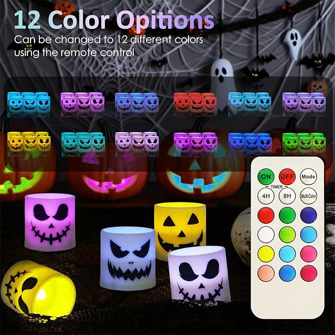 Halloween Flameless Candles - 3 Pack Colored Battery Operated Pumpkin Ghost Face Candles,LED Muti Color Grimace Night Light,Scary Halloween Decor,Fall Table Centerpieces, Spooky Home, Day of The Dead