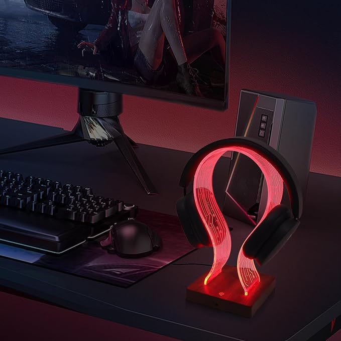 YuanDian RGB Headphone Stand with 16 Changing Colors, Wooden Headset Holder with 1 USB Charging Port and 1 Type-C Charging Port Touch Control with Remote, Gift for Gamers, Men, and Music Lovers