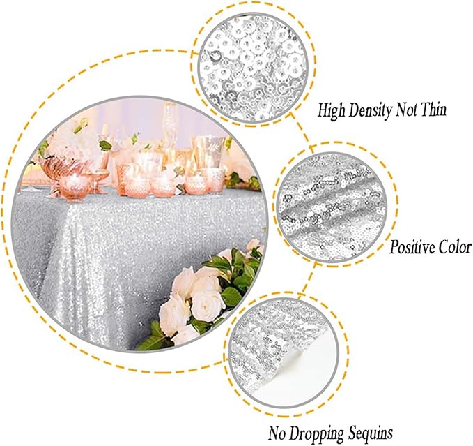 ShinyBeauty 2 Pack 72x72 Inch Silver Sequin Tablecloths - Elegant Square Glitter Tablecloth for Wedding, Birthday, and Party Decorations