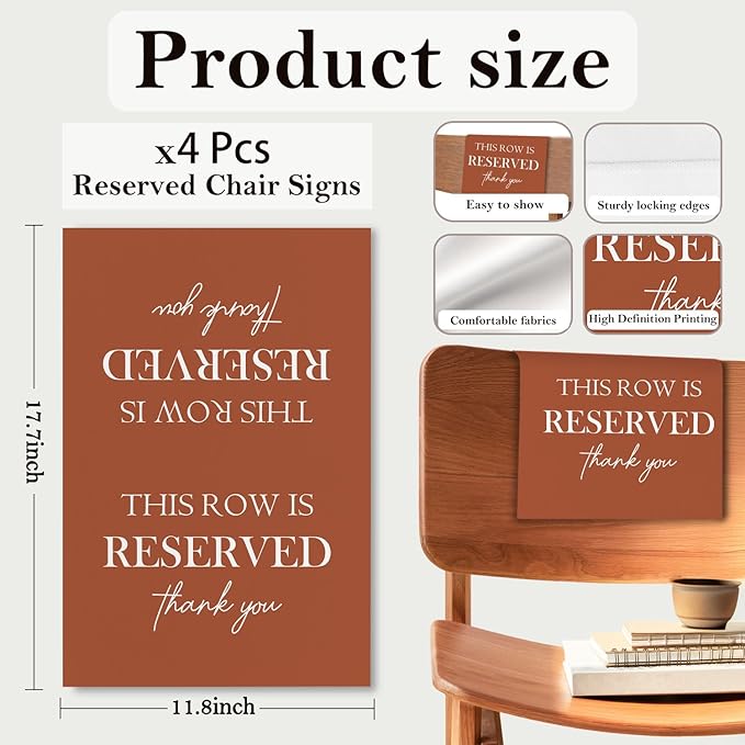 Reserved Seating Chair Signs, This Row Is Reserved Pew Cloths Seating Placeholder for Church Pews, Fall Terracotta Wedding Decorations for Reception Parties Event (Burnt Orange, 4 PCS)