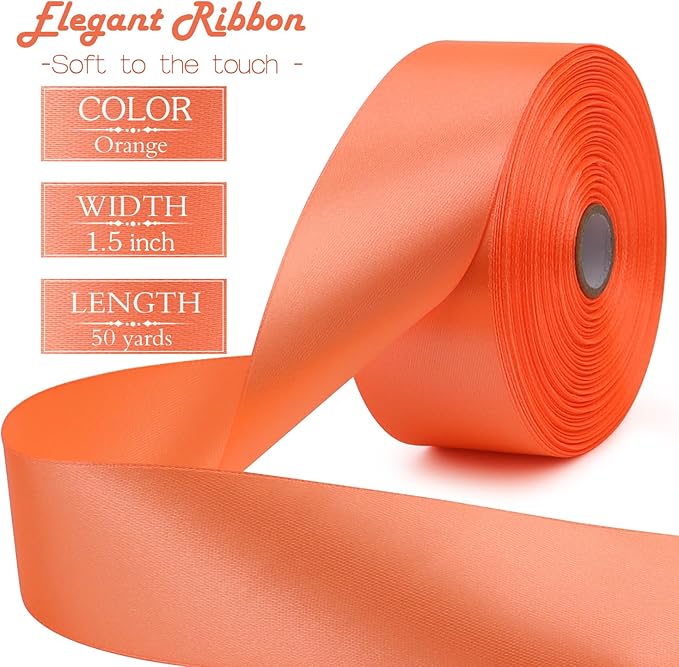 Orange Solid Satin Ribbon 1-1/2 Inch 50 Yards Solid Polyester Fabric Ribbon for Gift Wrapping Wedding Christmas Baby Shower Birthday Party Decoration Handmade Immortal Flower Craft