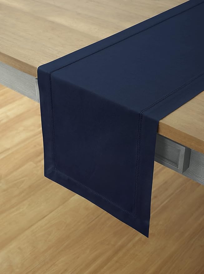 Solino Home Navy Blue Hemstitch Table Runner 36 Inches - Cotton Linen Small Table Runner 14 x 36 Inch Ideal for Dresser and Coffee Tables - Fall, Autumn, Halloween, Thanksgiving, Christmas, Holiday