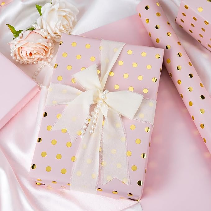 Flyhill Pink Wrapping Paper Roll,Reversible Mini Roll Gold Foil Polka Dot Gift Wrap for Birthday,Girls,Baby Shower,Wedding (17 Inch X 32.8 Feet)