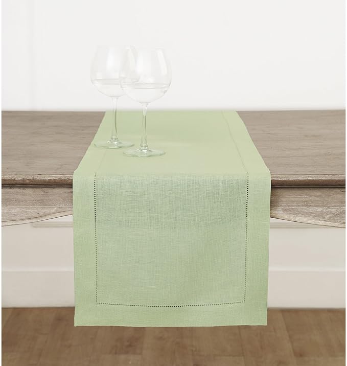 Solino Home Linen Table Runner 60 Inches - 100% Pure Linen Sage Green Hemstitch Table Runner 14 x 60 Inch Ideal for Dresser and Coffee Tables - Fall, Thanksgiving, Christmas - Classic Hemstitch