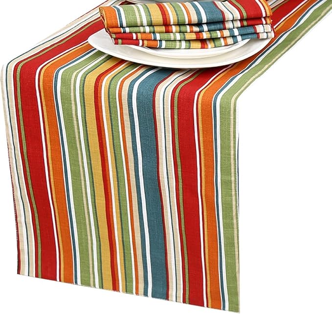 Ruvanti 100% Cotton Table Runner 60 Inches Long, Non-Slip, Stain Resistant, Washable & Reusable Table Runners Perfect for Wedding, Parties, Christmas, Holiday, in-Door use - Multi Stripe