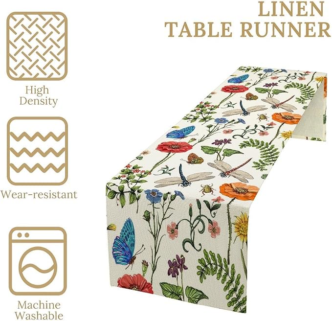 Vintage Botanical Flowers Table Runner, Seasonal Summer Plants Florals Butterfly Dinner Runner for Home Kitchen Dining Table Party Holiday Decoration 13"x120"