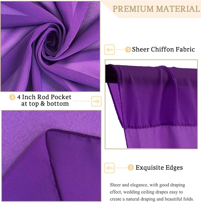 MODFUNS Wedding Ceiling Drapery Purple 5x30FT 2 Panels Sheer Wedding Arch Drapes Chiffon Fabric Ceiling Curtains Drapes for Party Tulle Backdrop Curtains Birthday Banquet Arch Draping