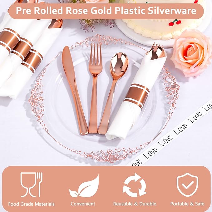 50Guests Pre Rolled Rose Gold Plastic Silverware Sets - Heavy Duty Rose Gold Cutlery - Include 50 Pack Wrapped Disposable Utensils with Napkins for Parties, Dinners & Weddings