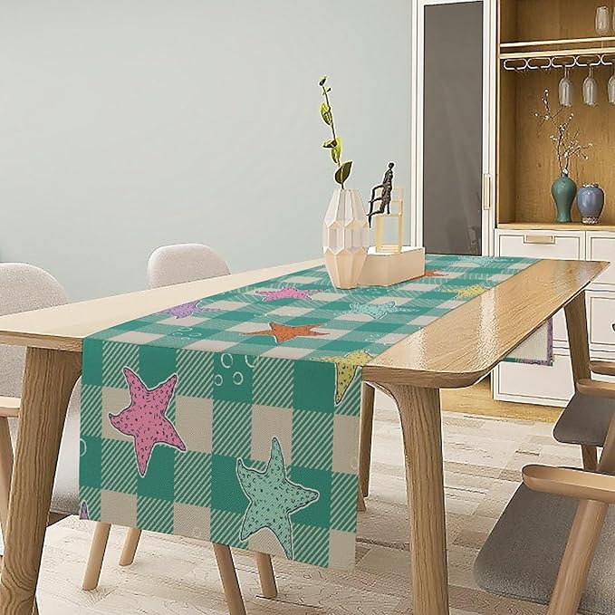 Starfish Plaid Table Flag Green Plaid and Marine Life Starfish Kitchen Table Flag Suitable for Birthday Party Restaurant Decoration Outdoor Picnic 13x36 Inch
