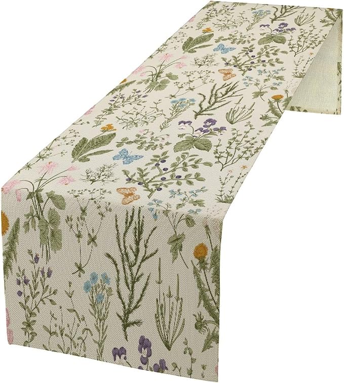 Floral Botanical Table Runner, Garden Spring Flower Botanical Butterfly Animal for Restaurant, Kitchen, Wedding, Party Rectangular Table Runner Decoration,13in（33cm） W * 72in（184cm） L
