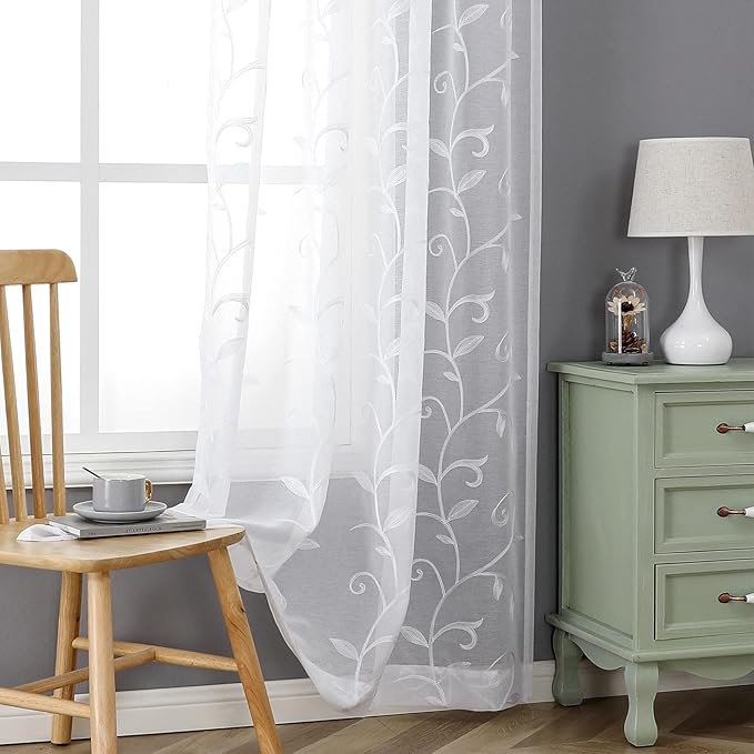 VISIONTEX White Sheer Voile Curtains, Decorative White Embroidery Faux Linen Rod Pocket Window Drapes for Home Kitchen, Living Room and Bedroom 54 x 108 Inch, Set of 2 Curtain Panels