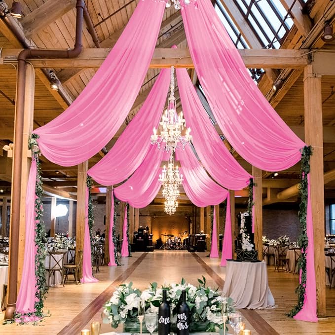 MODFUNS 4 Panels Pink Ceiling Drapes for Weddings 5x20FT Wedding Arch Draping Fabric Sheer Chiffon Curtains for Backdrop Wedding Ceiling Curtain Chiffon Fabric Drapery Wedding Stage Hall Ceiling Decor