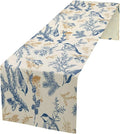 Chinoiserie Flowers Table Runner, Seasonal Spring Fall Plants Blue Florals Birds Dinner Runner for Home Kitchen Dining Table Party Holiday Decoration 13"x36"
