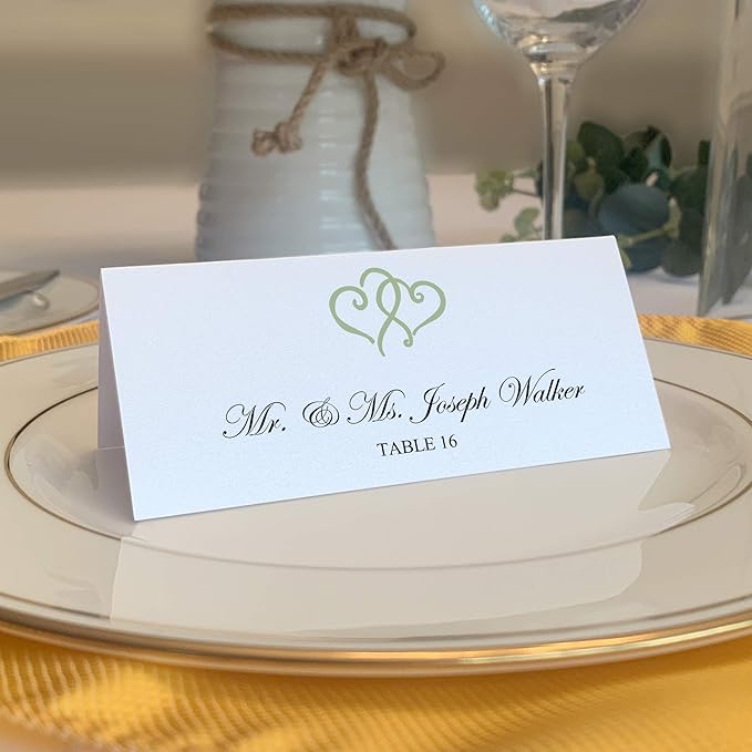 Linked Hearts Place Cards, Sage (Choose Color), Set of 25, Pre-cut and Scored - Wedding, Party, Dinner, and Special Events - Made in the USA