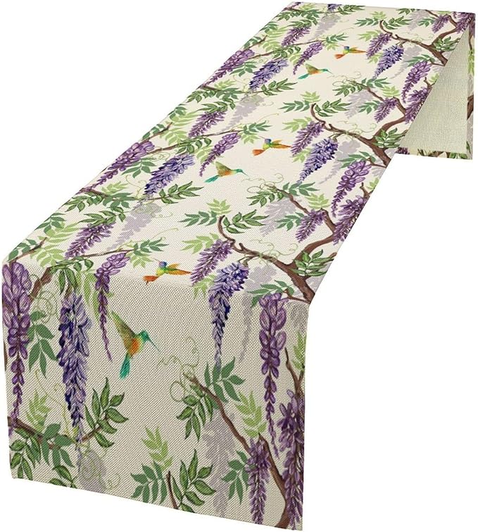Vintage Bird Flower Table Runner Seasonal Spring Purple Wisteria Garden Plants Lavender Florals Farmhouse Country Kitchen Dinner Runner Dining Table Decoration for Home Party Holiday 13"x36"