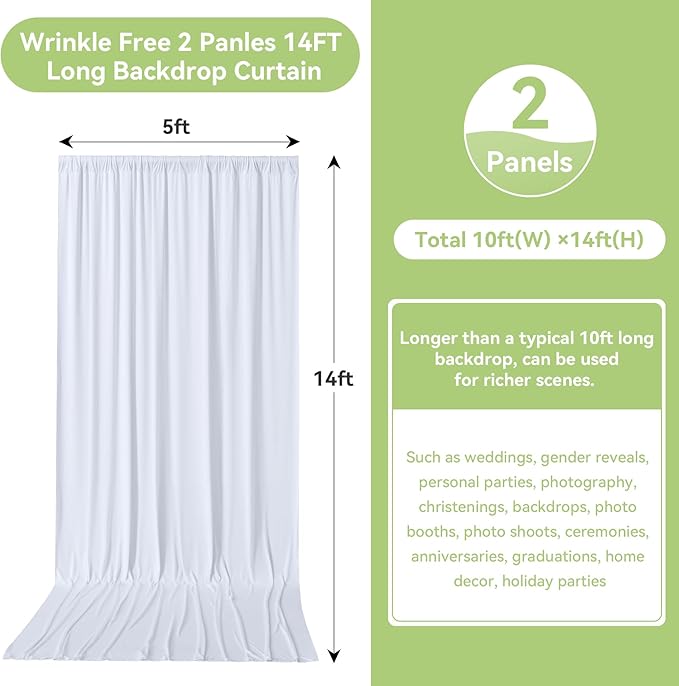 10ftx14FT Wrinkle Free White Backdrop Curtain, 2 Panels 14FT Height White Wedding Backdrop Drapes, Silky Polyester Back Drop Cloth for Birthday Photography Background Party Backdrop Draping