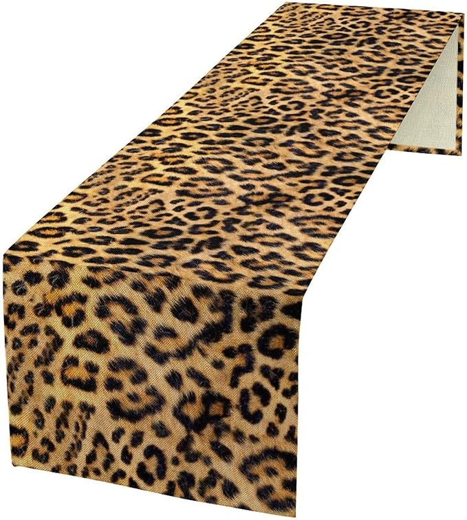 Leopard Print Dinning Table Runner, Cotton Linen Rustic Cottage Country Farm Safari Wildlife Fur Print Table Runners for Table Dresser Runner Dinning Kitchen Party Holidays Home, 13x120 Inch