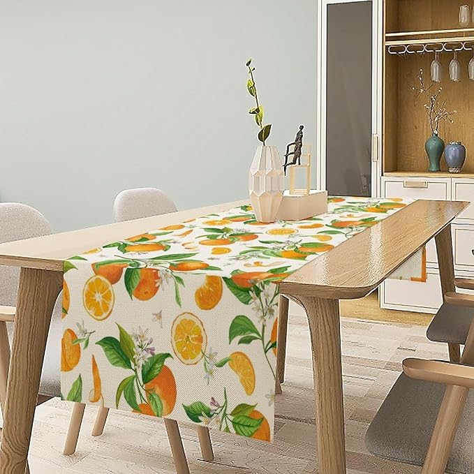 Spring Summer Orange Table Runner Vintage Citrus Lemon Fruit Mandarin Floral Dinner Runner for Farmhouse Baby Shower Party Holiday Home Kitchen Dining Table Decor 13x90