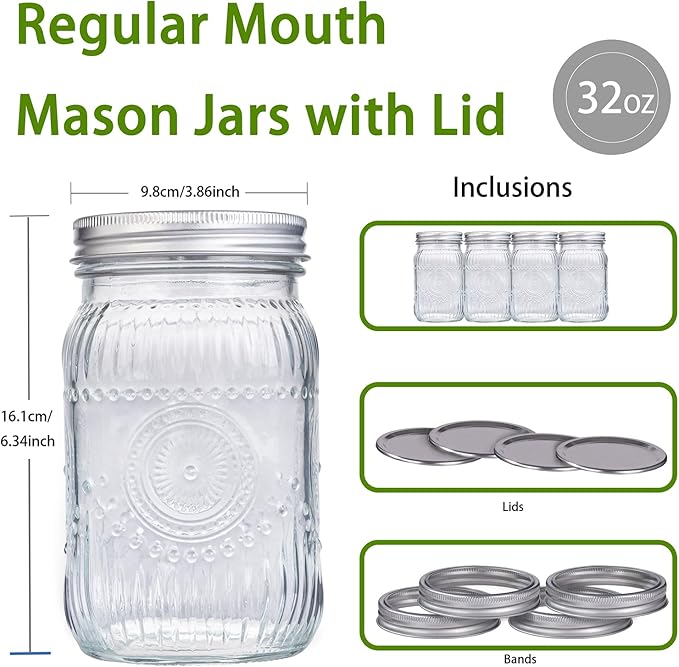 WELLIFE Wide Mouth Mason Jars, 2 Pcs Wide Mouth Mason Jars 32 OZ for Preserving,Jam,Honey,Wedding Favors,Sauces,Meal Prep,Salad,Yogurt & Decor