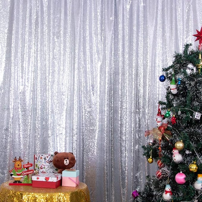 SquarePie Sequin Backdrop Not See Through Thick Stain Background for Photography Glitter Curtain Party 10FT x 10FT Silver