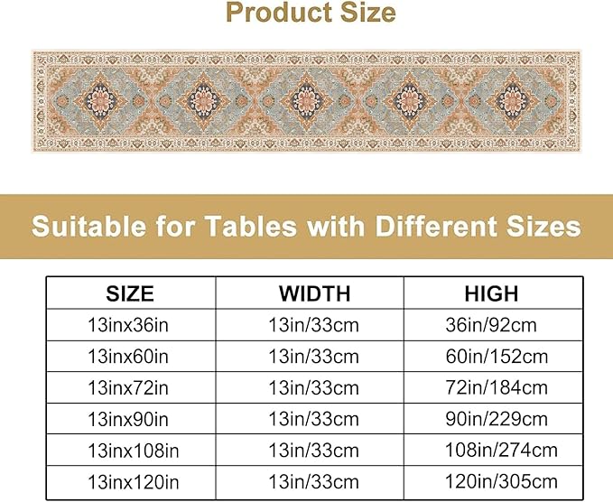 Vintage Boho Floral Table Runner, Rustic Country Farmhouse Grey Blue Orange Bohemia Flower Pattern for Home Kitchen Table Decor Dining Coffee Room Party Decor 13x60in