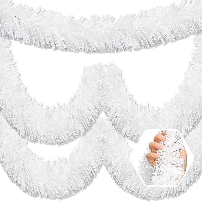 50 Feet Christmas Foil Fringe Banner Metallic Tassle Garland Metallic Backdrop Parade Floats Shiny Hanging Ceiling, Valentine's, Wedding, New Year Party Decorations(2" x 50', Macaron White)