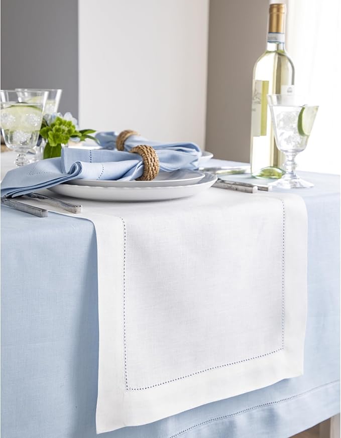 Solino Home Linen White Table Runner 108 Inches Long - 100% Pure Linen 14 x 108 Inch Table Runner for Fall, Autumn, Halloween, Thanksgiving, Holiday - Classic Hemstitch