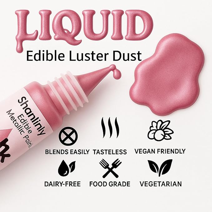 Pink Metallic Edible Paint for Baking – Food Grade Pink Edible Dust Drink Glitter for Shimmer Cake Decorating, Cookies, Cupcakes, Cocktails – 15ml Perfect for Holidays, Wedding, Birthday Decorating
