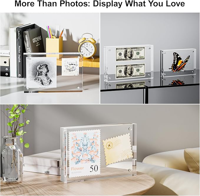 5 Pack 5x7 Acrylic Picture Frames - 20% Thicker Double Sided Magnetic Frame with UV Protection - Freestanding Clear Frameless Display for Tabletops - Modern Photo Frame Set for Home & Office Decor