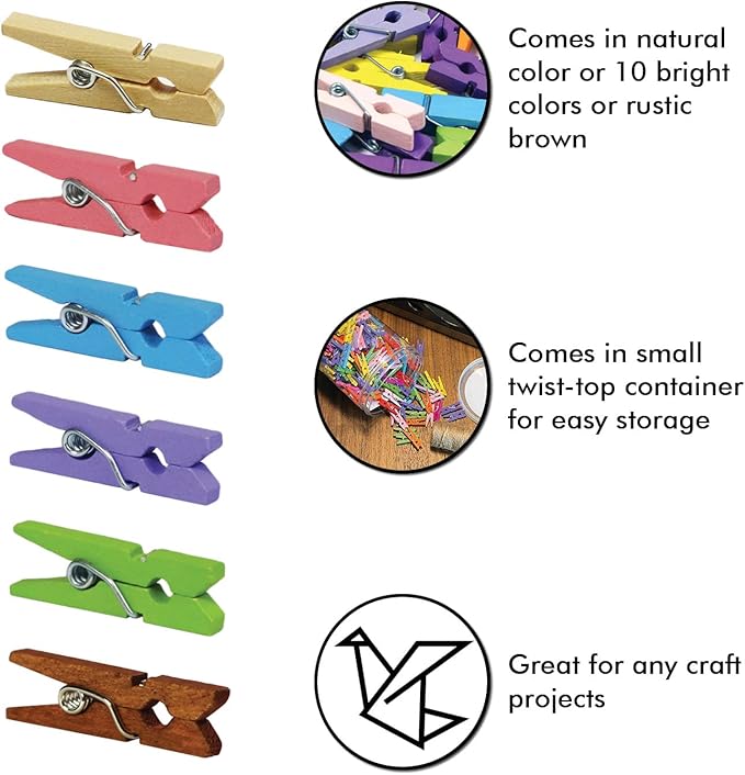 Mini Natural Wooden Clothespins with Jute Twine, 250pcs, 1 Inch Photo Paper Peg Pin Craft Clips with 66ft Natural Twine for Scrapbooking, Arts & Crafts, Hanging Photos (Rustic Brown)