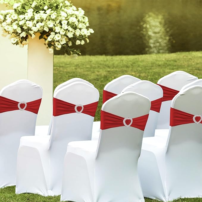100PCS Spandex Stretch Red Chair Sashes Bows Universal Elastic Chair Cover Bands Ties with Buckle Slider for Wedding Party Birthday Reception Event Banquet Decoration(Red)