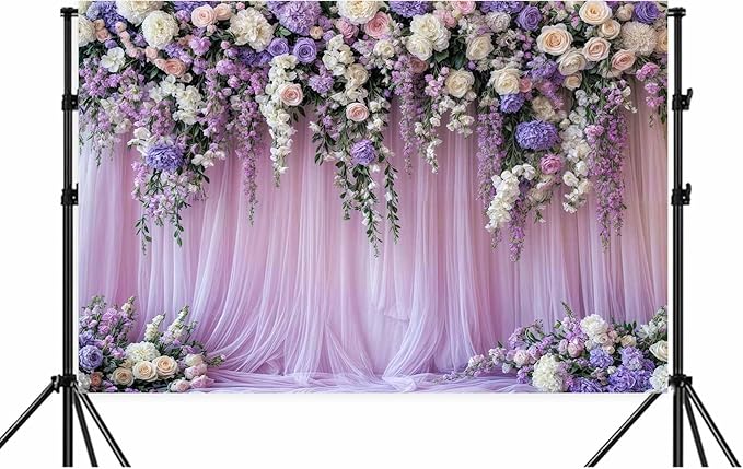 15x10ft Purple Lavender Floral Bridal Backdrop Wedding Flower Photography Backdrop for Girl Portrait Baby Shower Birthday Party Decor Banner Mother's Day Party Wall Backdrop Studio Photo Backgrounds