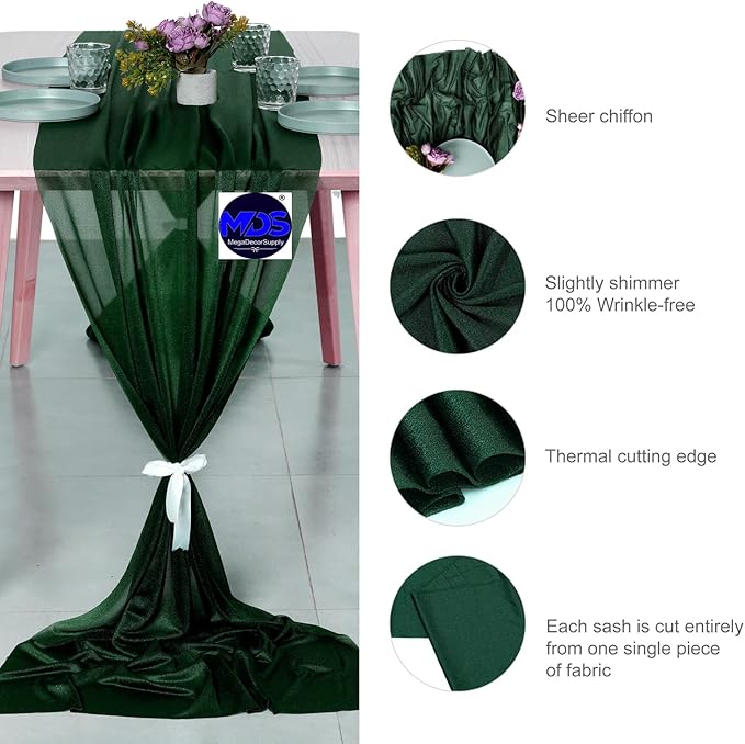 MDS 5 Pack 10ft Chiffon Table Runner 29 x 120 Inches Sheer Wedding Runner Romantic Rustic Table Runner for Wedding Decorations, Birthday Parties, Bridal Shower Party Arch Decor - Hunter Green