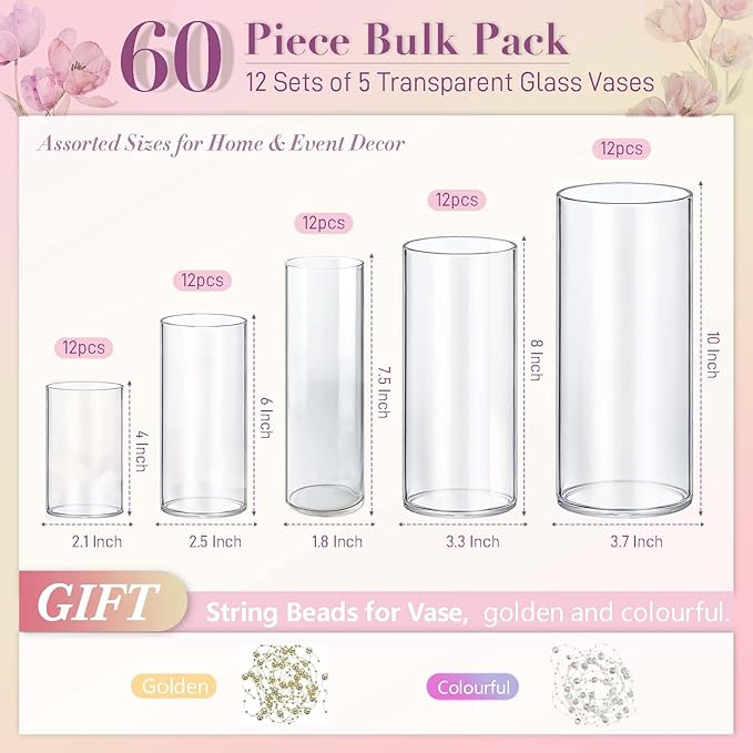 60pcs Glass Vase Cylinder Vases for Centerpieces Small Flower Glass Clear Vases Home Decor Centerpiece Table Flower Vase Decorations for Wedding Decoration＆Holiday Mixed Sizes Tall