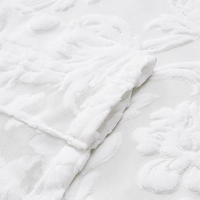Sheer White Curtains for Bedroom Living Room Boho 63 Inches Rod Pocket Farmhouse Drapes with Floral Patterned Vintage 3D Flocked Texture & Rococo Motifs Window Curtains Set of 2 Panels, 52"W*63"L