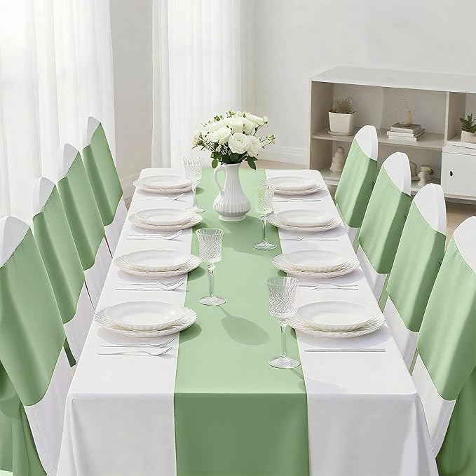 20 Pack Sage Green Satin Table Runner 12x108 Inches Long, Bright Silky Smooth Satin Table Runner Table Decor for Wedding Banquet Christmas Prom Event Birthday Party