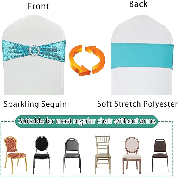100 Pcs Chair Sashes Sequin Stretch Chair Bands Spandex Polyester Bows for Party Hotel Wedding Banquets Decoration - Aqua