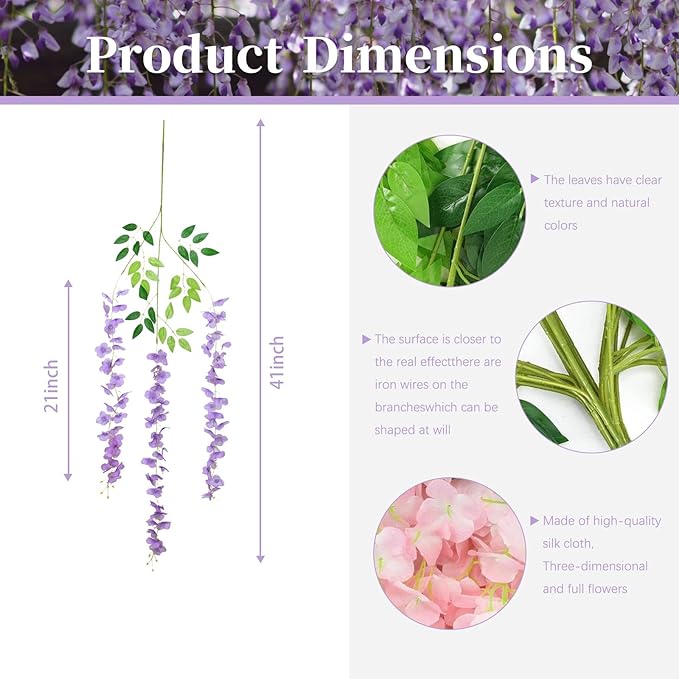 24 Pack Light Purple Wisteria Hanging Flowers, 3.4 Ft Fake Hanging Flowers, Artificial Wisteria Garland Vines for Wedding Room Backdrop Outdoor Patio Garden Decoration