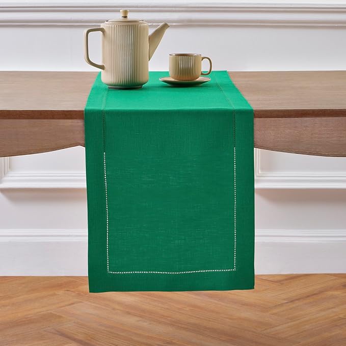 Solino Home Linen Emerald Green Table Runner 72 Inches Long - 100% Pure Linen Hemstitch Table Runner 14 x 72 Inch for Dresser, Dining, Christmas - Classic Hemstitch