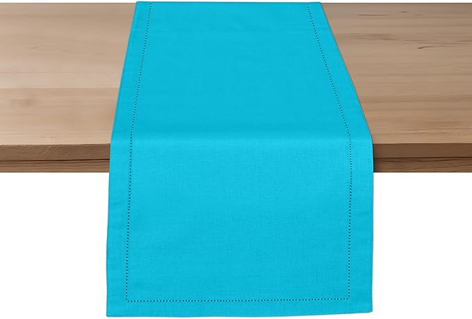 Ruvanti Linen Table Runner 90 Inches, Classic Hemstitch, Washable, Reusable, Non-Slipping, Stain Resistant- Perfect for Parties, Weddings, Dinners, Thanksgiving, Christmas, Indoor use – Blue