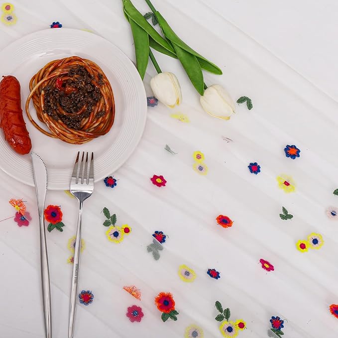 BINBE 12pcs Daisy Fall Table Runner Embroidery Gauze 10FT Florals Seasonal Tulle Holiday Birthday Kitchen Dining Table Decor for Home Party Ivory