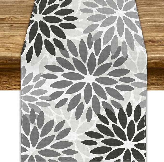 Gray Dahlia Flower Table Runner, Vintage Modern Linen Geometric Pattern Floral Table Runner Spring for Farmhouse Kitchen Dining Party Holiday Party, 13x60 Inch