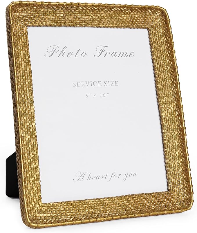Cuspin 8x10 Picture Frame Gold, Vintage Gold Frames Rattan Textured Hand-Crafted Resin Photo Frame with Glass Front for Tabletop Display & Wall Display, Retro Design Home Decor