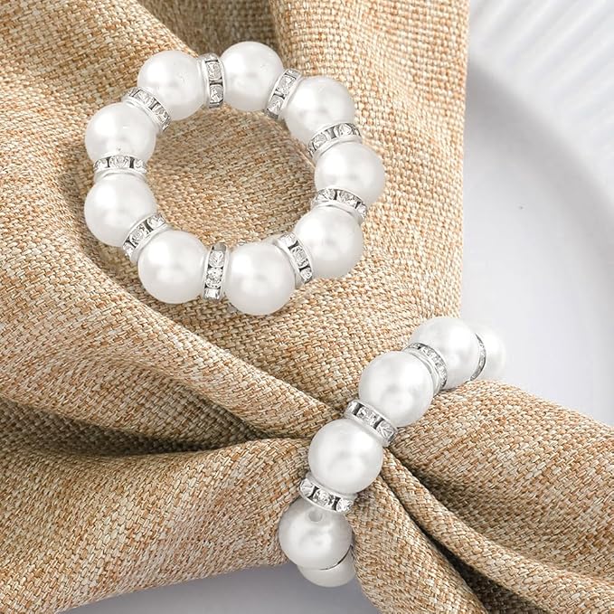 30Pcs Pearl Napkin Rings, Round Napkin Buckles Wedding Beaded White Napkin Rings Silver Napkin Ring Holder for Formal Dinner Reception Party Banquet Table Decor (Sliver)