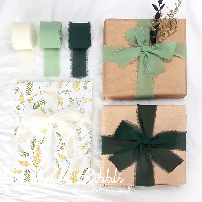 Ribbli Forest Green Chiffon Silk Ribbon, 1.5 Inch x 30 Yard - Handmade, Fringe, Wedding Invitations, Gift Wrapping, Bridal Bouquets, Flower Arrangement