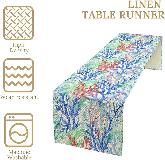 Summer Shell Starfish Table Runner, Seasonal Spring Summer Tropical Ocean Beach Indoor Party Kitchen Outdoor Table Decor 13x60 Inch