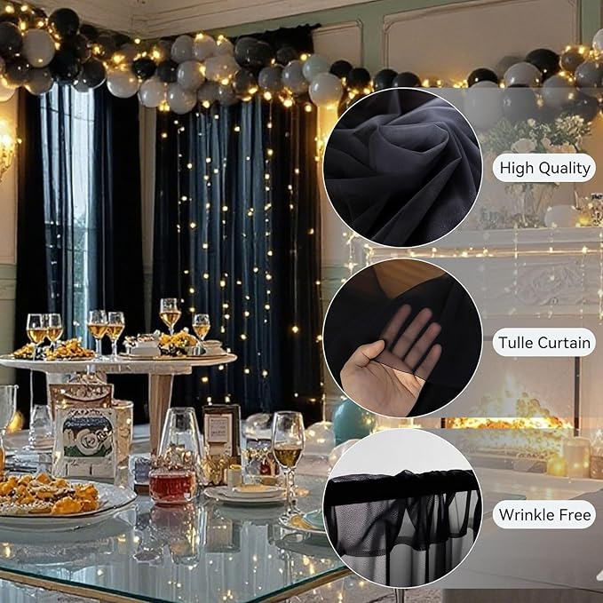 Ledido 10×8ft Tulle Backdrop Curtains with Lights String - 300LED Fairy Lights Sheer Curtain Backdrop for Weddings Baby Shower and Birthday Party Decorations(6 Panels 5×8ft)
