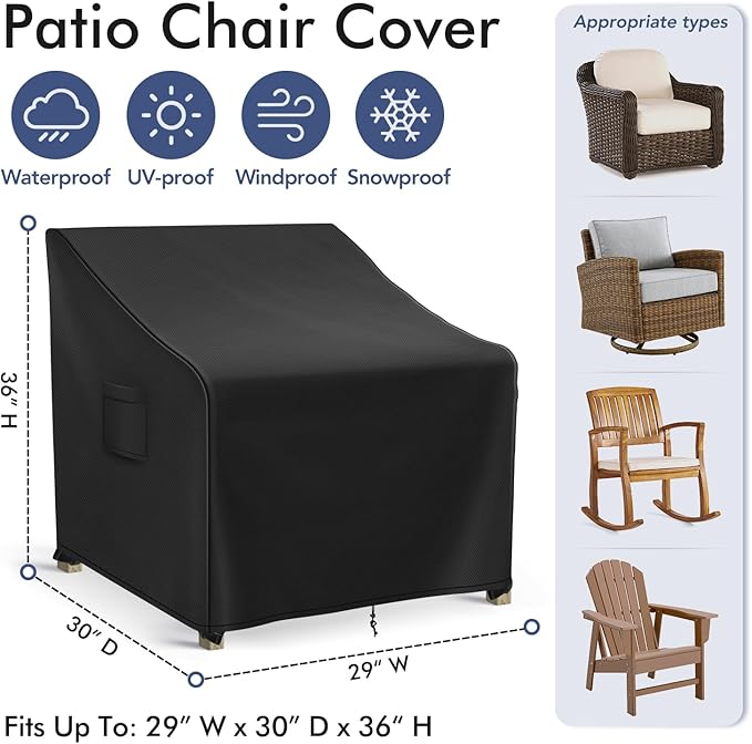 Patio Furniture Covers Waterproof for Chairs, Lawn Outdoor Chair Covers 2 Pack, Patio Chair Covers for Outdoor Furniture Fits up to 29W x 30D x 36H inches, Black