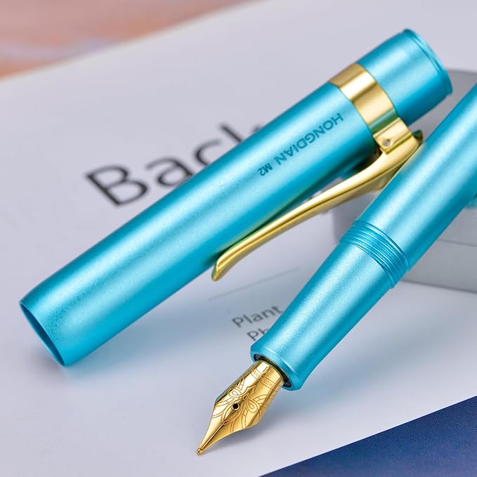 HONG DIAN M2 Black Forest Mini Fountain Pen, Long Blade Nib & Sleek Shape Aluminium Short Pocket Travel Pen (Lake Blue)